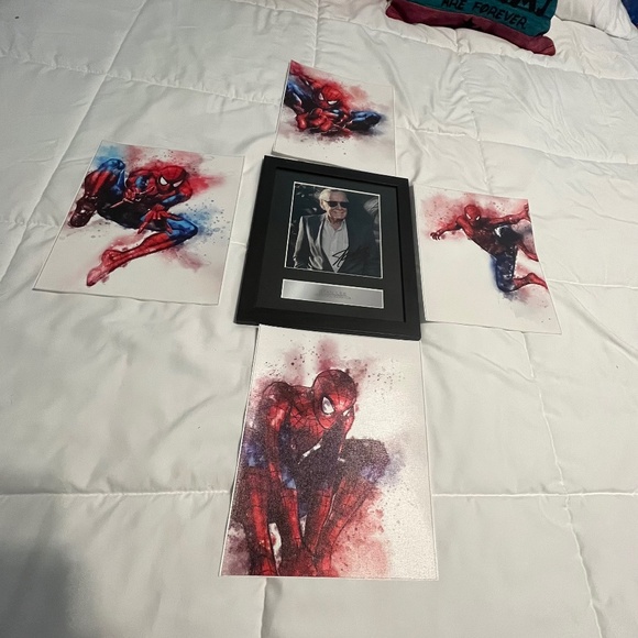 Framed Stan Lee/Marvel Comics Autographed Pic and 4 Framable Spiderman Prints - Picture 1 of 4